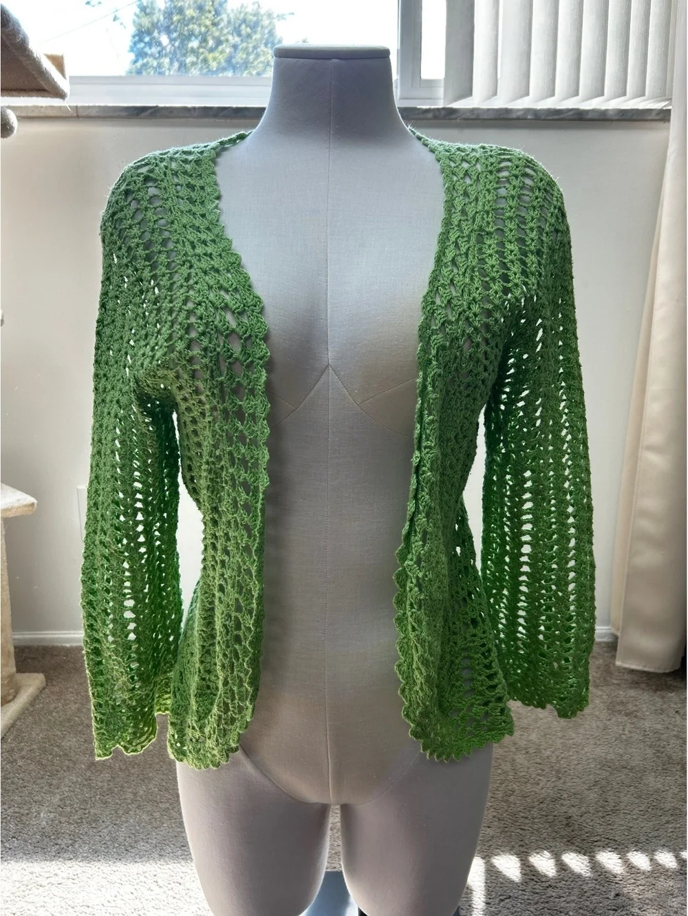 Isabella Rodriguez Green Crochet Open Front Cardigan, Lightweight Long Sleeve